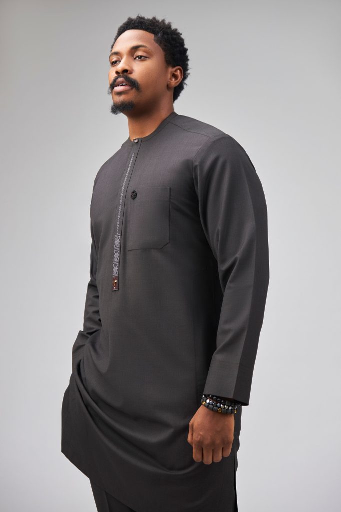 Grey Italian wool kaftan with understated embroidery and sharp tailoring — refined modern native wear for Abuja men.