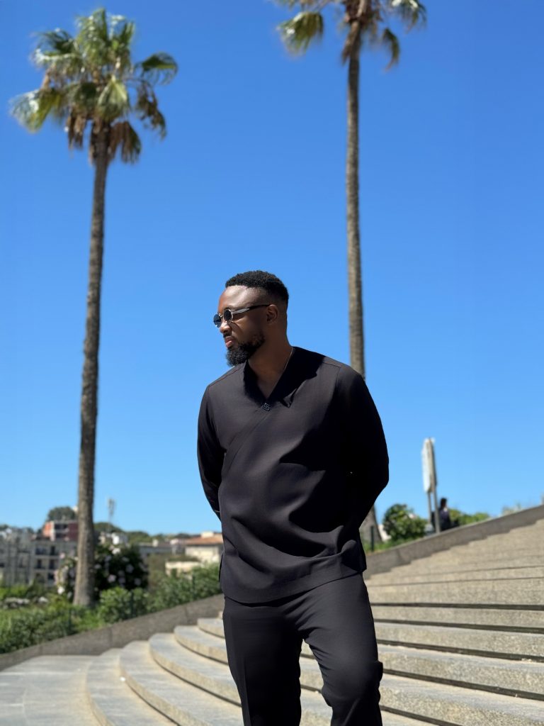 All-black linen tunic and pants — minimalist everyday luxury for Abuja men.